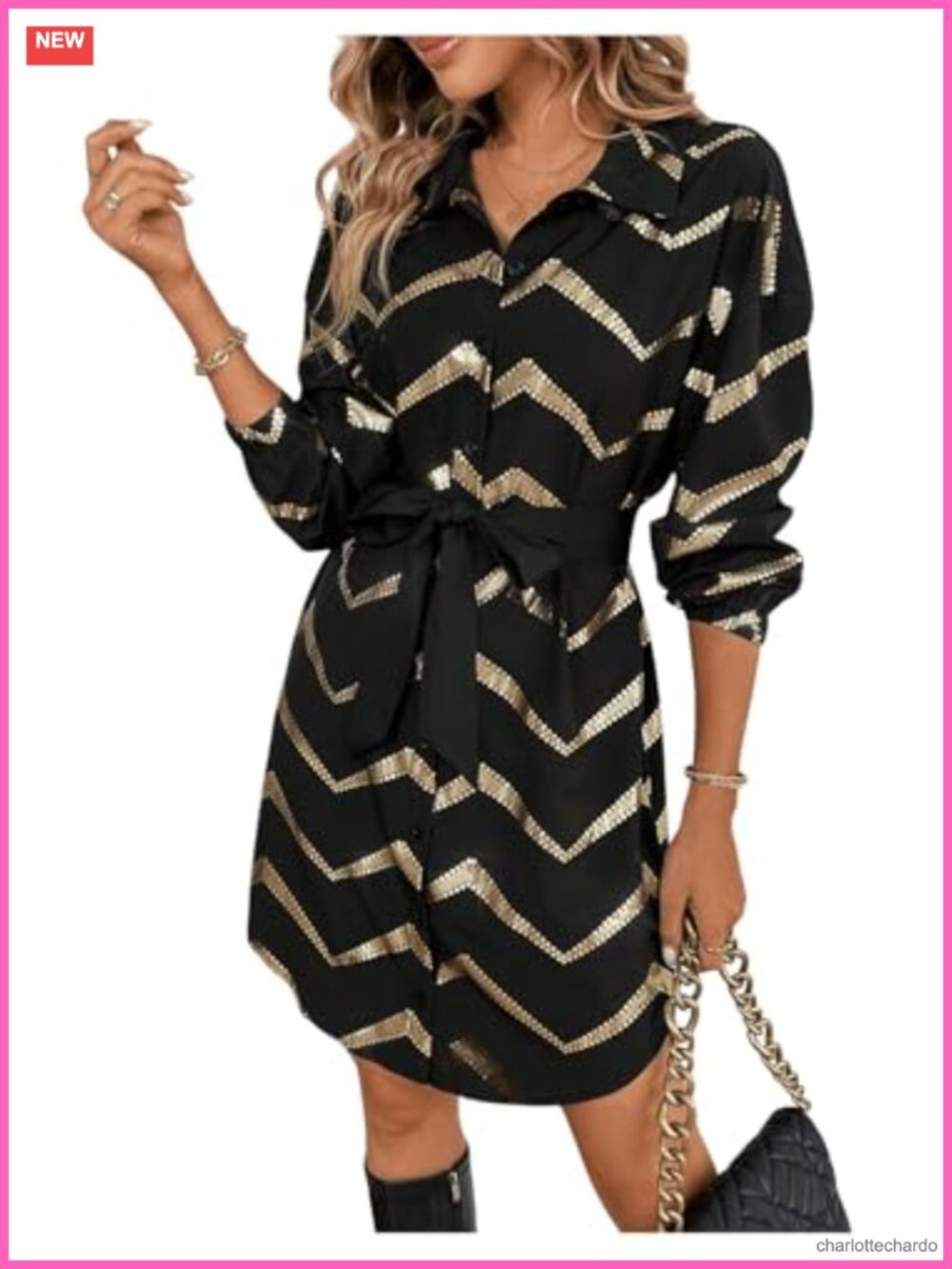 Metallic Cocktail Dress Long Sleeve Collared Knee-Length Casual